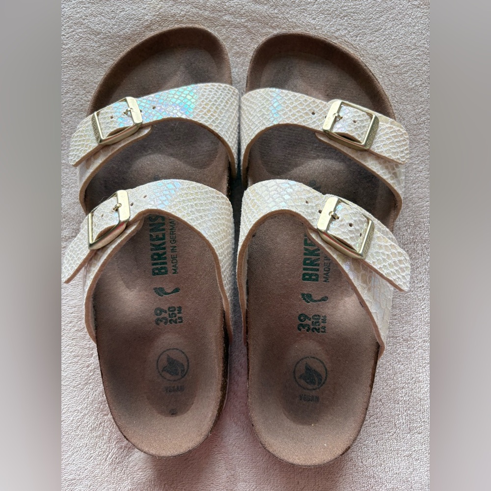 Birkenstock White Sandals with Gold Buckles